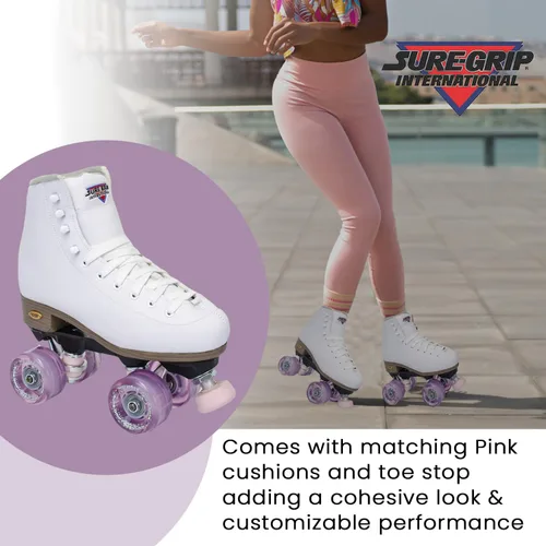 Miniatura 5 de Sure-Grip Fame White - Patines unisex para exteriores con ruedas de movimiento rosa, bota vegana con forro de microfibra, placas de nailon