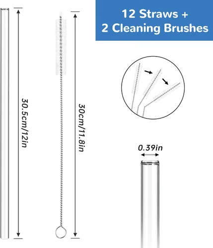 Miniatura 5 de NiHome 12 popotes reutilizables de vidrio transparente aptos para vaso Stanley H2.0 de 40 onzas con 2 cepillos, 12 pulgadas de largo, 0.4 pulgadas
