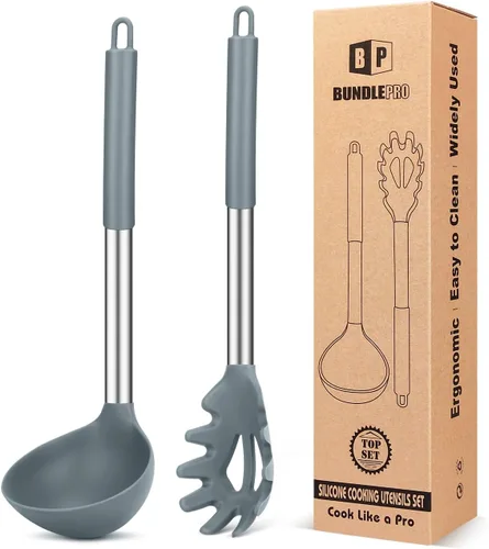 Juego de tenedor y cucharón de silicona para pasta, utensilios de cocina grandes antiadherentes para cocinar, agitar, servir espaguetis, sopa, salsa