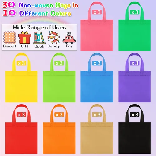 Miniatura 3 de Aneco Paquete de 30 bolsas reutilizables no tejidas para recuerdos de fiesta, 8 x 8 pulgadas, bolsas a granel con asas, bolsas de regalo de arcoíris