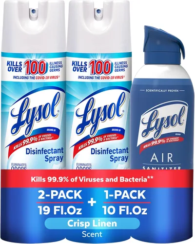 Lysol Paquete que contiene 2 aerosoles desinfectantes Lysol para superficies duras y suaves, lino crujiente, 19 onzas líquidas + Lysol Air Sanitizer