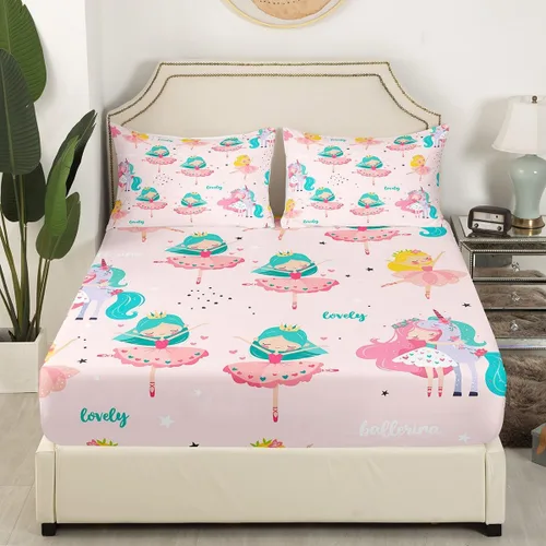 Miniatura 3 de Juego de ropa de cama Kawaii tamaño individual, sábana bajera ajustable de dibujos animados para niños y niñas, juego de ropa de cama de ballet