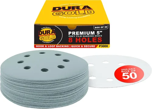 Miniatura 17 de Dura-Gold Discos de papel de lija premium de grano 120 de 5 pulgadas, patrón de 8 agujeros, sin polvo, 50 discos, soporte de gancho y bucle