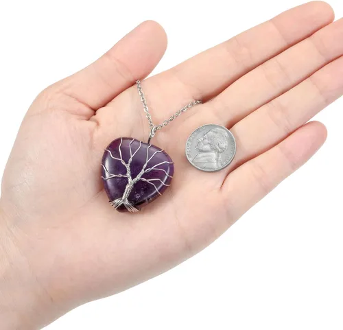 Miniatura 5 de Top Plaza - Collar de cuarzo rosa natural curativo con árbol de la vida envuelto en alambre de plata con forma de corazón colgante para mujeres