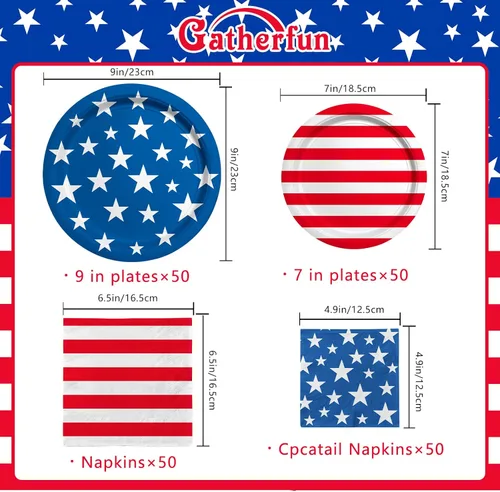 Miniatura 2 de Suministros de fiesta patriótica de bandera estadounidense, platos de papel desechables para cenas, platos de papel para postres, servilletas