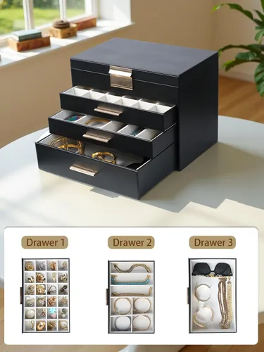 Miniatura 3 de Caja de joyería BOOVO para mujeres, organizador de joyas de 5 capas con colgador para collares y cajones, caja grande de joyería para aretes