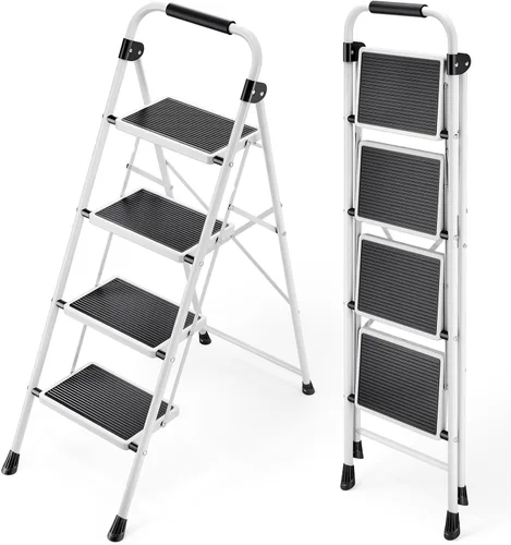 KINGRACK - Escalera plegable de 4 escalones con pasamanos, para adultos, de acero resistente, ligera, plegable, portátil, con pedal ancho Blanco