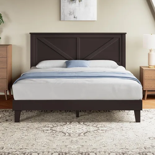 Miniatura 3 de Yaheetech Cama de madera tamaño matrimonial, marco de cama de madera de caucho espresso con cabecera diseñada en V, listones de soporte de madera