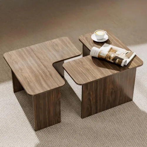 Miniatura 8 de Juego de 2 mesas de centro anidables modernas, de madera natural, en forma de L, para sala de estar, mesa auxiliar pequeña con mesa central ligera