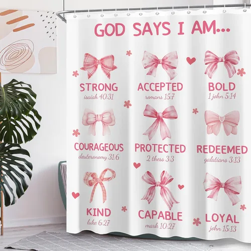 Miniatura 4 de Juego de cortinas de ducha con lazo rosa para baño, 60 pulgadas de ancho x 72 pulgadas de alto, cortina de ducha con texto en inglés «God says I Am