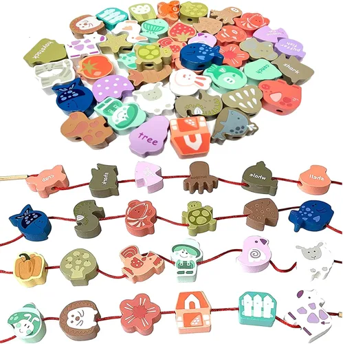 Juguetes educativos de madera para niños pequeños, 47 piezas de cuentas de cordones de animales oceánicos de granja preescolar, juguetes Montessori