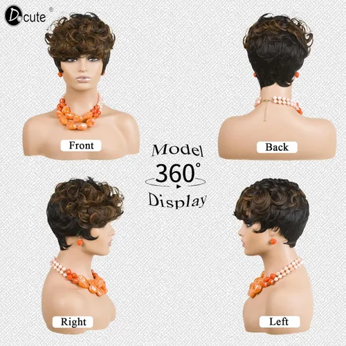 Miniatura 4 de DOcute Pelucas cortas de corte Pixie para mujeres negras, peluca Pixie negra y marrón, pelucas cortas rizadas con flequillo, peluca corta