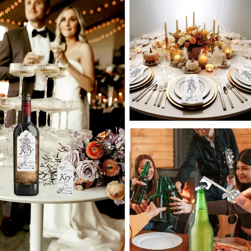 Miniatura 7 de Aokbean 100 llaves en forma de flor de rosa, regalo de boda para invitados, abrebotellas de esqueleto a granel con tarjeta y cadena para decoración