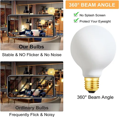 Miniatura 3 de Leools - Bombilla LED G25/G80 regulable sin parpadeo mate 6 W de vidrio esmerilado CRI95, luz blanca cálida 600 lm, bombilla LED Edison estilo globo