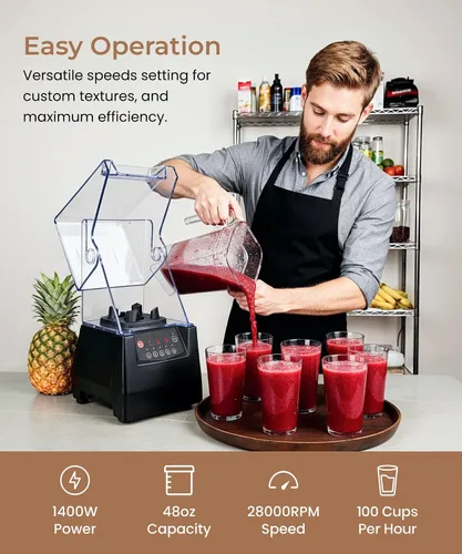 Miniatura 3 de SYBO HS-210E Licuadora comercial de grado profesional con escudo silencioso, alta velocidad de 2 HP de alta velocidad, tarro de 48 onzas sin BPA