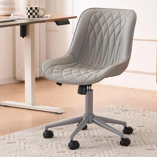 YOUNIKE Silla de oficina ergonómica de piel sintética gris sin brazos, cómoda silla de escritorio con respaldo mecedor, bonita silla giratoria con