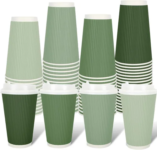 Miniatura 20 de Whaline 100 tazas de café desechables de color azul polvoriento de invierno con tapas, tazas de papel azul degradado de 12 onzas, tazas calientes