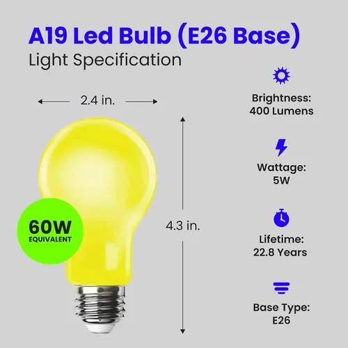 Miniatura 2 de Feit Electric A19 - Luz LED para insectos para exteriores, equivalente a 60 vatios, bombilla LED no regulable, base mediana E26, 120 V, 22 años