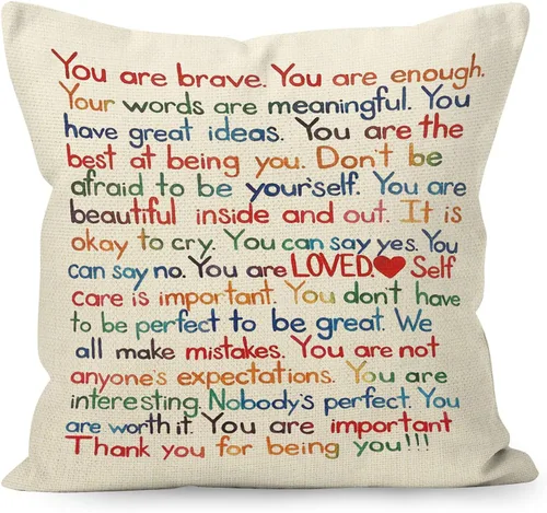 YUESHARE - Funda de almohada de lino con citas inspiradoras con texto en inglés "You Are Brave Enough Loved", regalos motivacionales para decoración