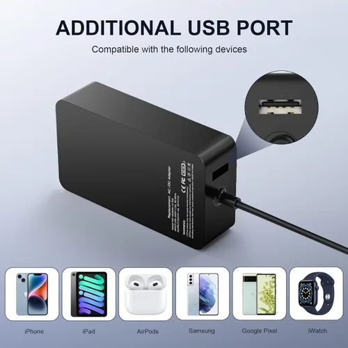 Miniatura 3 de 65W Microsoft Surface Charger Pro/Laptop/Book/Go Replacement AC Adapter Fits Surface Pro1-11, Laptop1-7, Book1-3, Go1-3, 65W works with 44W/36W