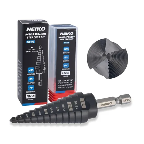 Miniatura 15 de NEIKO 10602B Step Drill Bit, 13 Steps 1/8" to 1/2" Spiral M35 Cobalt, AlTiSiN Coated, 1/4" Quick Change Step Bits for Steel, Metal, Wood, Plastic