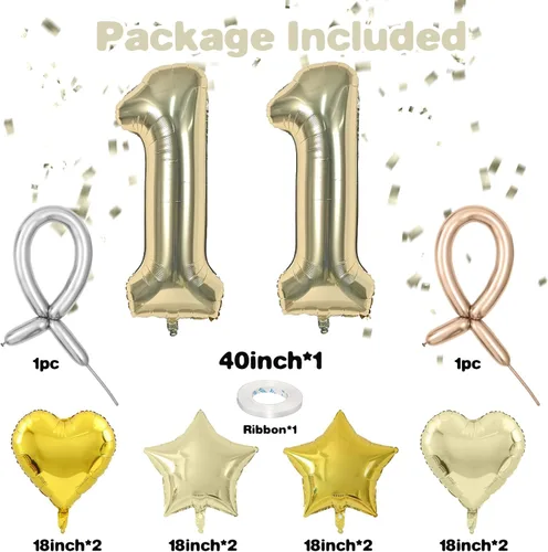 Miniatura 2 de Globos dorados de color champán con el número 11, globos de oro claro, globo de aluminio dorado con forma de corazón con estrella y globo largo