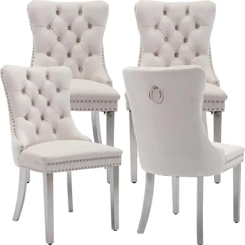Miniatura 102 de ODUSE-DAILY - Juego de 4 sillas de cocina y comedor de terciopelo beige, tapizadas en tela, respaldo alto con alas, anilla metálica, estructura