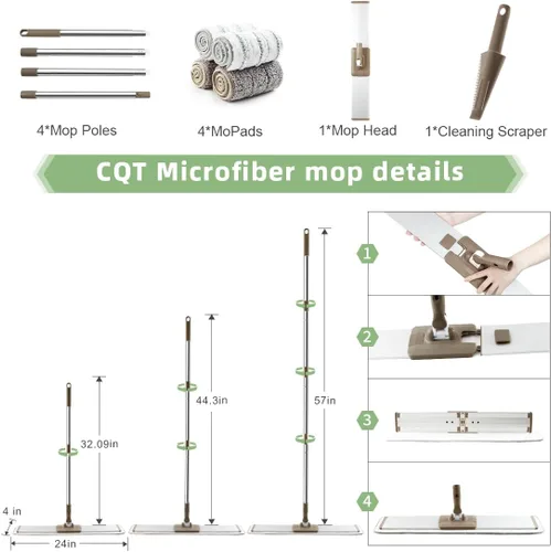 Miniatura 3 de CQT Sistema de Limpieza de Trapeador de Piso de Microfibra Plana Comercial de 24 Pulgadas Húmedo Seco y Polvo para Madera Dura con 4 Almohadillas