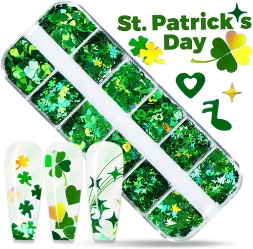 Miniatura 2 de 12 rejillas para el Día de San Patricio para uñas con purpurina y lentejuelas holográficas 3D trébol verde trébol para uñas con purpurina de corazón
