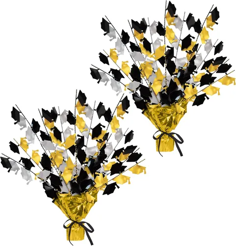 Beistle Paquete de 2 centros de mesa metálicos Gleam 'N Burst, decoración de mesa color negro/dorado/plateado para fiesta de graduación con tapas de