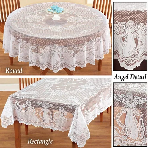 Miniatura 6 de WUBODTI Manteles Rectangulares de Encaje Blanco Navideños con Patrón de Ángel Bordado Floral Ropa de Mesa para Baby Showers Fiestas de Boda Patrón 2