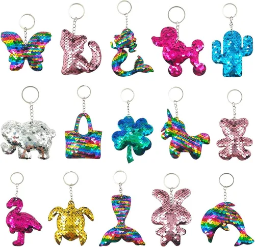 GuassLee 15 llaveros de lentejuelas para niños y niñas, recuerdos de fiesta, mochila de unicornio y sirena, llaveros a granel para niños, premios de