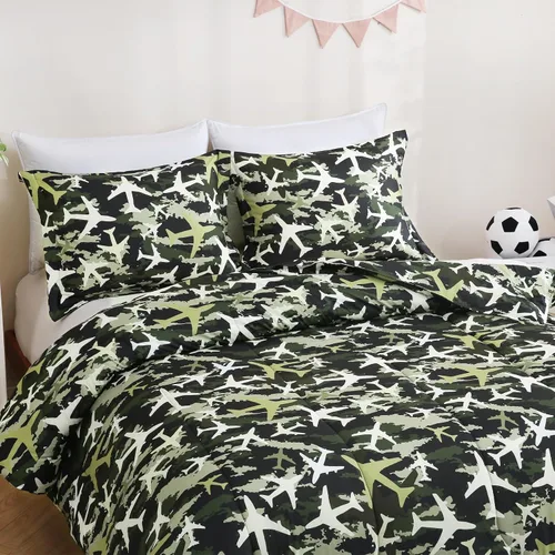 Miniatura 6 de Juego de colcha Yibeizi para avión para niños, tamaño individual, ropa de cama estampada en camuflaje verde para niños con funda de almohada, juego