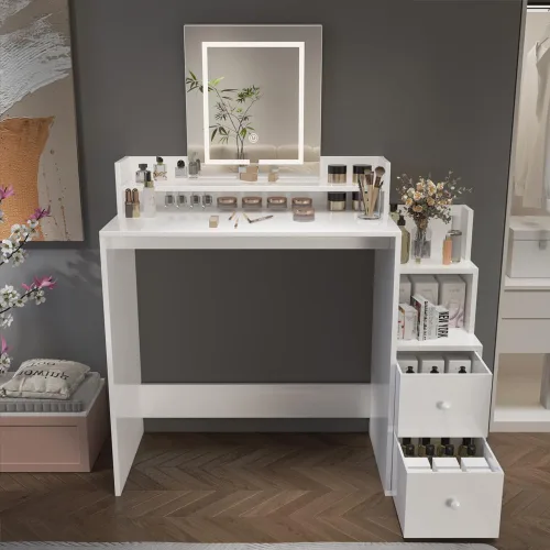 Escritorio de tocador con espejo y luces, escritorio de maquillaje con luces, 3 colores, mesa de tocador con estantes de 2 niveles, tocador blanco