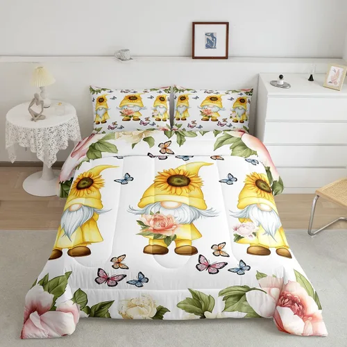 Miniatura 8 de Juego de edredón de gnomos de flores de primavera, romántico, rosa, floral, lindo, acolchado, tamaño individual, para niños, niñas, adolescentes