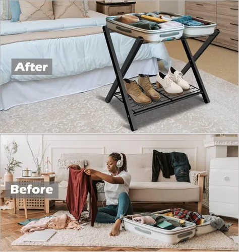 Miniatura 2 de Portaequipajes plegable para habitación de invitados, soporte plegable de metal para maleta con estante de metal para dormitorio, negro, paquete de 1