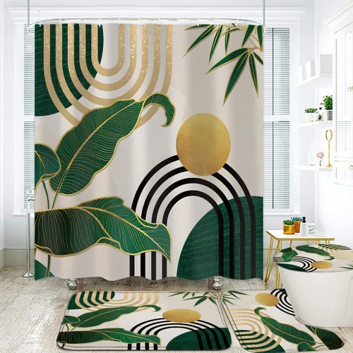 Miniatura 12 de LQCOOL 4Pcs Black Green Shower Curtain Set, Modern Minimalist Bathroom Sets, Abstract Botanical Bathroom Sets with Shower Curtain and Rugs, Tropical