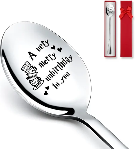 PZJIEAN A very Merry Unbirthday to You - Cuchara de acero inoxidable grabada, la mejor cuchara de postre de café, té, regalos para amantes del café,