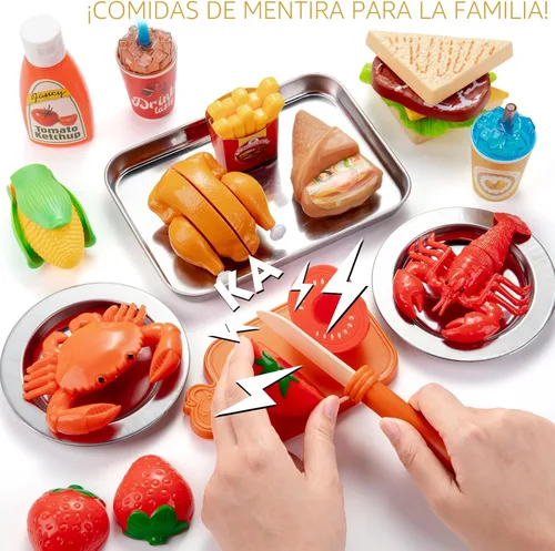 Miniatura 3 de Juboury - Juego de comida de simulación para niños pequeños, alimentos de juguete para cortar con bolsa de almacenamiento, bandeja y platos de acero