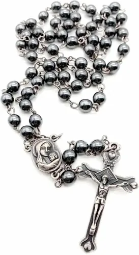 Nazareth Store Hematite Rosary Beads Black Stone Catholic Rosary Necklace with Jerusalem Holy Soil & Cross Antique Religious Rosaries Beads