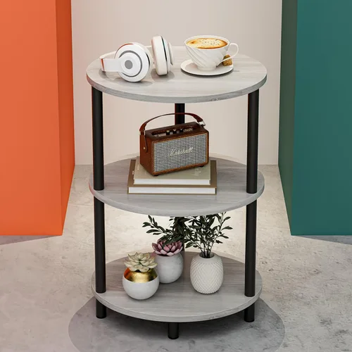 Miniatura 23 de Mesa auxiliar redonda pequeña – Mesa auxiliar ovalada de 3 niveles para espacios pequeños, mesa auxiliar de sofá de madera rústica y metal, mesita