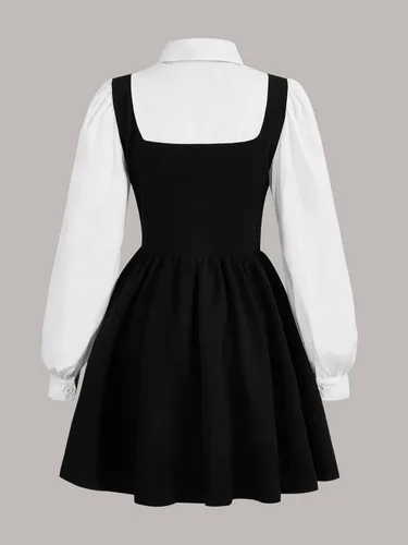 Miniatura 2 de Floerns Vestido de manga larga abombada 2 en 1 para mujer, con botones en la parte delantera