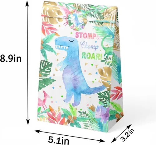 Miniatura 3 de Paquete de 24 bolsas de recuerdo de fiesta de dinosaurios para niñas con calcomanías, bolsas de regalo de dinosaurio de acuarela rosa