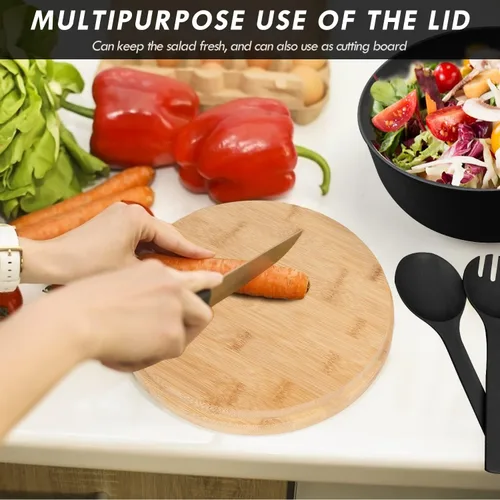 Miniatura 4 de ShineMe Ensaladeras, ensaladera grande con tapa y servidores, juego de ensaladas de bambú con 4 cuencos pequeños para servir, cuenco de cocina Negro