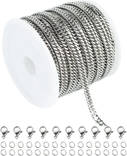 YOUBEIYEE Cadena de plata a granel, suministros para hacer joyas, cadena de eslabones de acero inoxidable 304 para collar, pulsera, bricolaje con