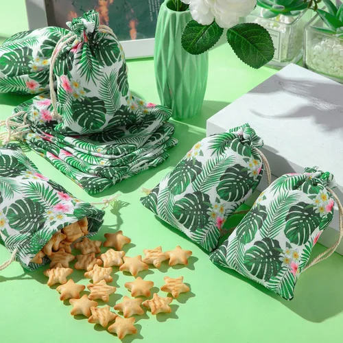 Miniatura 4 de Saintrygo 20 bolsas de regalo tropicales, bolsas de regalo de Hawaii, bolsas de regalo Luau para fiesta, bolsas de regalo con cordón de hoja