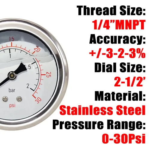 Miniatura 2 de Manómetro de presión de 1/4" NPT, lleno de glicerina, esfera de 2 1/2 pulgadas, 0-30 psi, caja de acero inoxidable 304, montaje trasero central