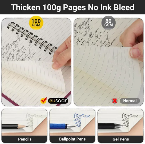 Miniatura 4 de EUSOAR Cuaderno en espiral, paquete de 3 cuadernos A5 de 5.5" x 8.3", con rayas para la universidad, 160 páginas/ 80 hojas, con tapa dura gruesa