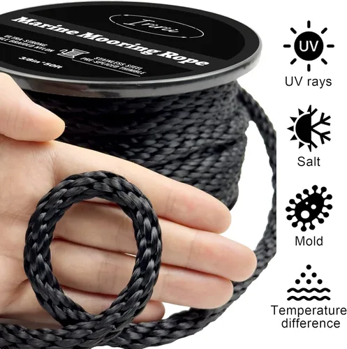 Miniatura 3 de Cuerda de anclaje para barco de nylon trenzado doble de 50 pies de 3/8 pulgadas con guardacabo de acero inoxidable 316 y gancho de resorte Negro