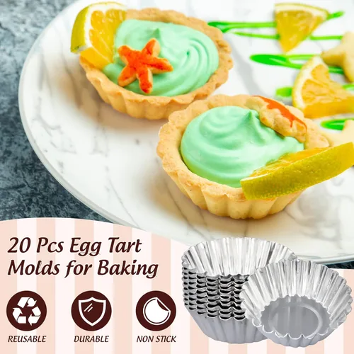 Miniatura 3 de Paquete de 20 moldes para tartas de huevo, 2.2 x 0.8 pulgadas, mini moldes de metal para magdalenas, moldes reutilizables para hornear